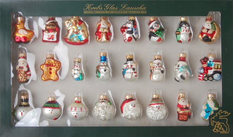 Mini-Figurensortiment 3cm Glasformen 24-teilig, mundgeblasen, handbemalt, 24 Stck., Weihnachtsbaumkugeln, Christbaumschmuck, Weihnachtsbaumanhänger