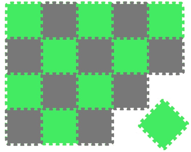Ineinandergreifende Bodenmatten aus Schaumstoff im Puzzle-Design, quadratisch, grau und grün.