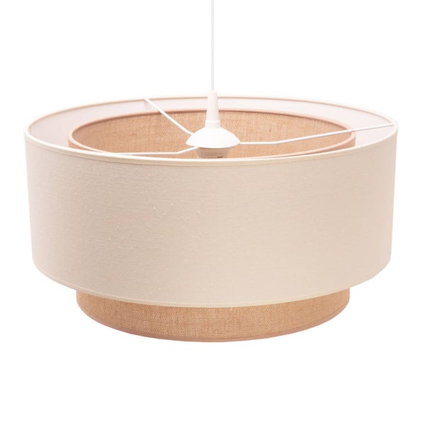 Zweistufige Pendelleuchte mit Textilschirm in Beige und Jute-Optik für eine gemütliche Innenbeleuchtung.