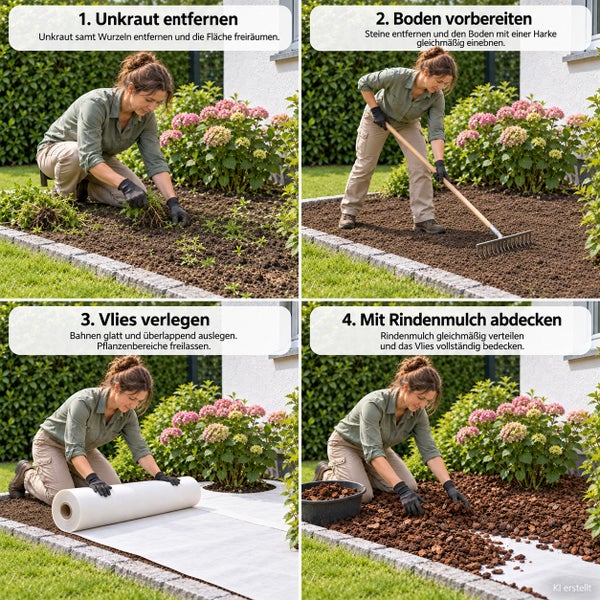 Anleitung in vier Schritten zum Mulchen eines Beetes: Unkraut entfernen, Boden mit der Harke ebnen, Unkrautvlies verlegen und Rindenmulch auftragen.