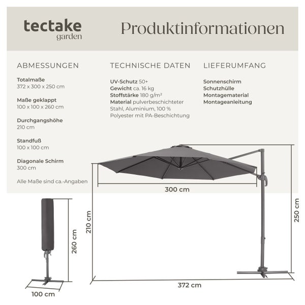 Produktinformationen zum Sonnenschirm mit Maßangaben