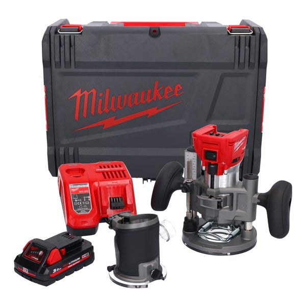 Milwaukee Akku-Oberfräsen-Set mit Oberfräse, Akku, Ladegerät und Transportkoffer.