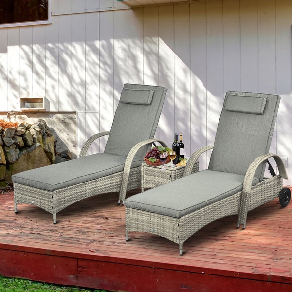 Outsunny Sonnenliege Gartenliege Tisch 3er-Set Gartenmöbel, Polyrattan+Metall Grau