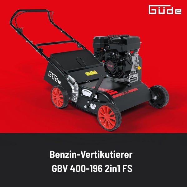 Güde Benzin Vertikutierer GBV 400-196 2in1 FS mit Motor und Fangkorb zur Rasenpflege.