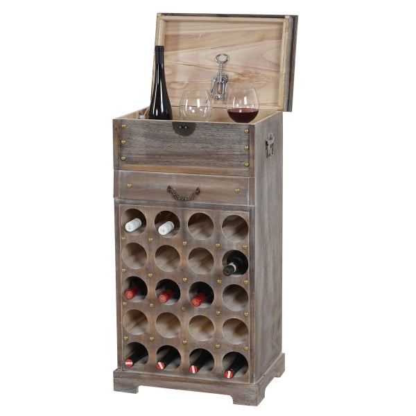 Weinregal aus Holz mit Flaschen, Gläsern und Korkenzieher
