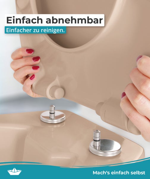Calmwaters® WC Sitz Original einfache Montage, Premium Toilettendeckel bis 250 kg, Made in EU, antibakterieller Duroplast, Absenkautomatik, 2 Montage Optionen, abnehmbar, Klobrille, oval, Beige-Bahamabeige