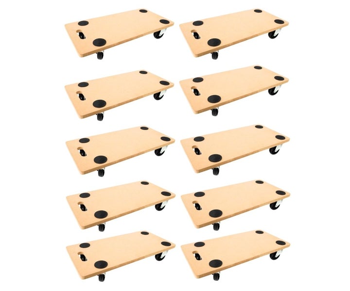 Set mit 10 Möbelrollern aus Holz, rechteckige Transportroller mit 4 Lenkrollen, Anti-Rutsch-Pads und integriertem Tragegriff.
