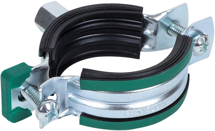 Zweiteilige Rohrschelle aus Metall mit Gummieinlage und zwei Schrauben zur Befestigung von Rohren.