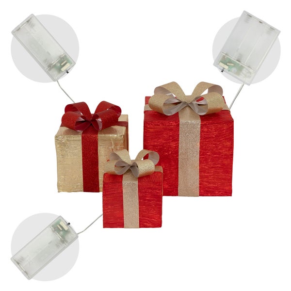 ECD Germany 3er Set LED Geschenkboxen mit 90 warmweißen LEDs, Rot-Gold, Drahtgestell, Weihnachtsdeko Innen, Beleuchtete Geschenkbox batteriebetrieben mit Timer, Weihnachtsdeko Weihnachtsgeschenkbox