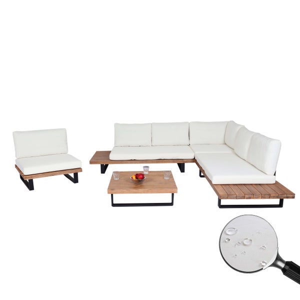 Moderne Garten-Lounge-Gruppe aus Holz mit schwarzem Metallgestell, bestehend aus Ecksofa, Sessel, Tisch und wasserabweisenden Polstern.