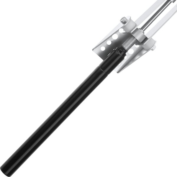 Gasdruckfeder mit schwarzem Zylinder und silberner Kolbenstange inklusive Montagehalterung.