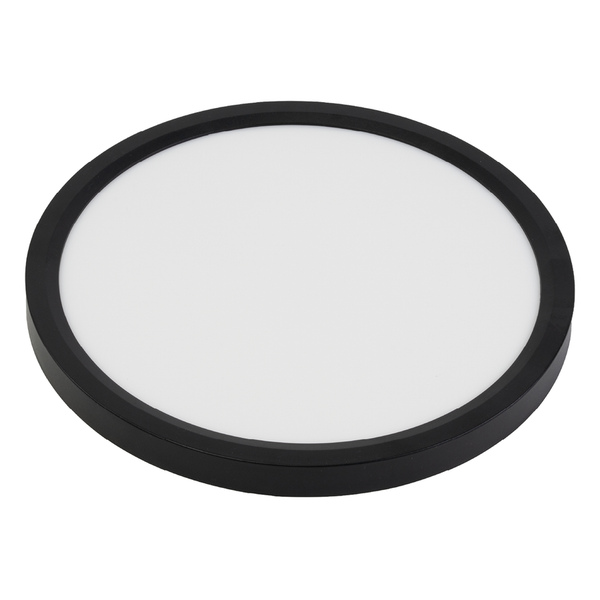 Runde LED-Deckenleuchte mit flachem schwarzem Rahmen und weißem Diffusor.