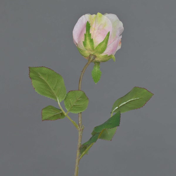 Künstliche rosa Rosenknospe am Stiel mit grünen Blättern.