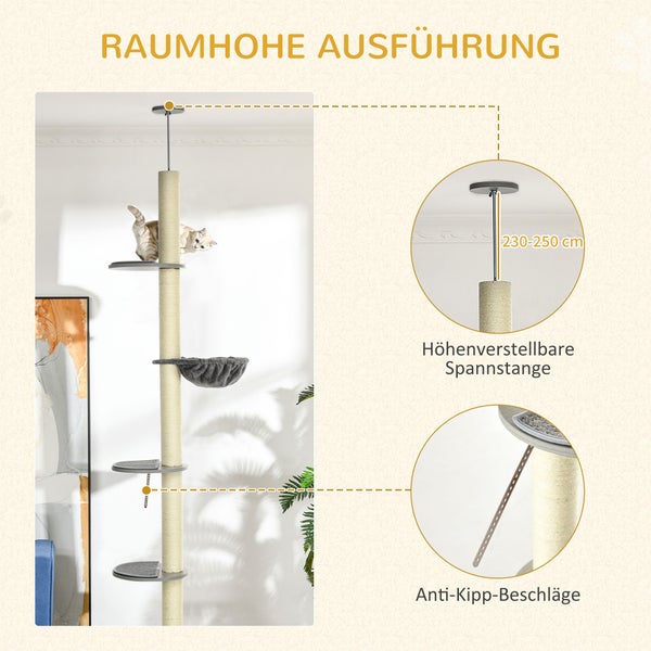 PawHut Kratzbaum, Katzenkratzbaum Deckenhoch, 230-250 cm, Kletterbaum mit Hängematte, Katzenbaum Höhenverstellbar, Spielbaum mit Kippschutz, Plüsch, Grau+Cremeweiß