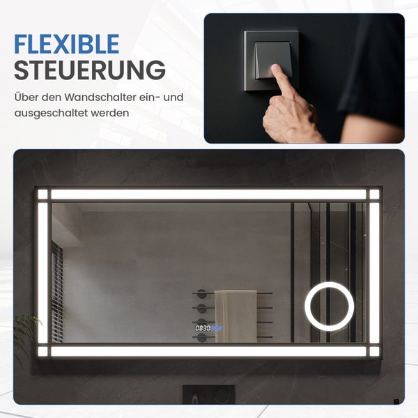 Beleuchteter Badspiegel mit integrierter Uhr und runder Kosmetikspiegel LED Beleuchtung, steuerbar über einen Wandlichtschalter.
