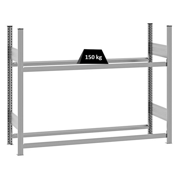Weitspannregal-Anbaufeld aus Metall mit einer Traglast von 150 Kilogramm pro Ebene.