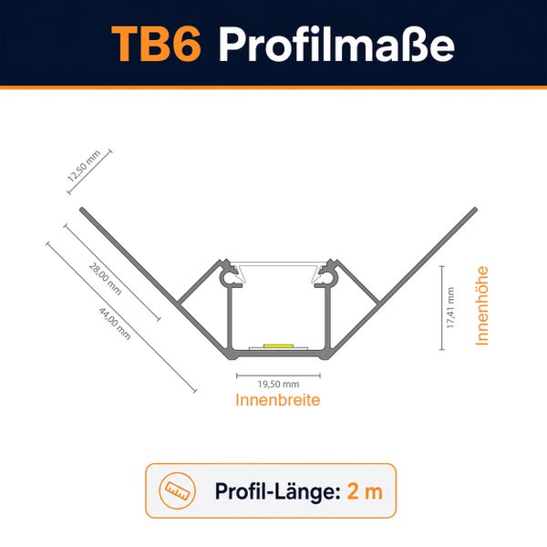 Technische Zeichnung mit Maßen für Aluminium Eckprofil TB6 zur LED Montage inklusive Innenbreite und Innenhöhe sowie einer Länge von 2 Metern.