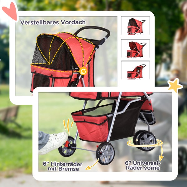 PawHut Hundewagen, 75L x 45B x 97H cm, 600D Oxford, Nylon-Netzgitter, Rot