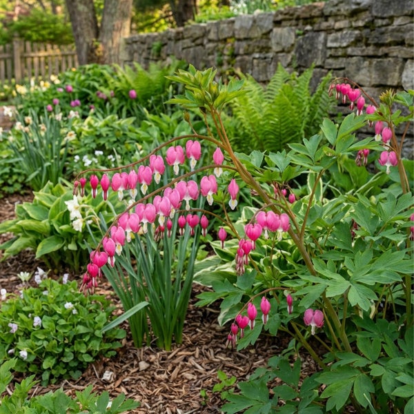 Tränendes Herz in einem bepflanzten Gartenbeet mit Farnen vor einer Natursteinmauer.