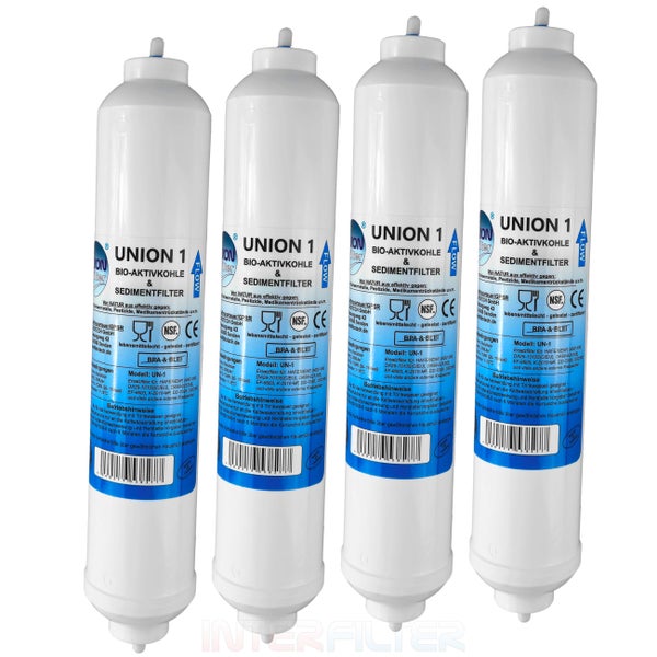 Vier Union 1 Wasserfilter Kartuschen mit Bio Aktivkohle und Sedimentfilter zur Wasseraufbereitung im Kühlschrank
