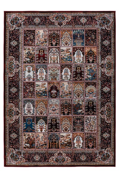Rechteckiger Orientteppich mit detailliertem Muster aus verschiedenen architektonischen Motiven und Blumenornamenten sowie breitem Bordürenrahmen.