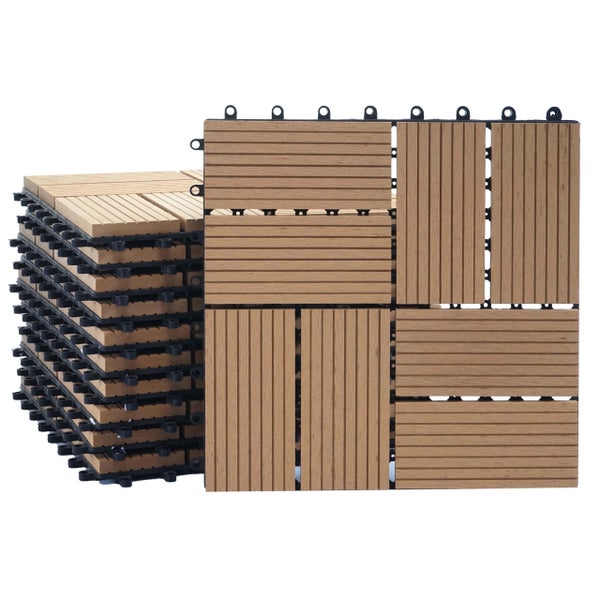 Wood Plastic Composite Klickfliese für Terrasse und Balkon, Stapel und Einzelansicht, Holzoptik mit Rillenstruktur.
