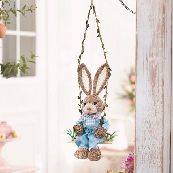 FRANK FLECHTWAREN|Hänger Schaukel-Häschen, ca. 17 x 16 x 32 cm, GH 52 cm, KUNSTSTOFF, STROH, TEXTIL, KUNSTFELL