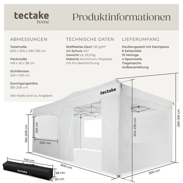 Produktinformationen für einen tectake Pavillon mit Abmessungen von 600 mal 300 mal 290 bis 316 Zentimetern sowie technischen Daten und Lieferumfang.