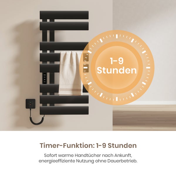 EMKE Elektrischer WLAN-Handtuchwärmer, 850×400 mm, 230W, Smart Touch & App-Steuerung, IPX5, Linksanschluss, flache Rohre, Schwarz