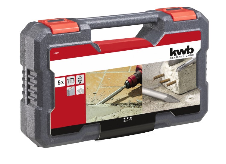 kwb SDS-Plus Meißel-Set für Bohrhammer, 5-teiliger Stein- u. Beton-Meissel Satz im Kunstoff-Koffer