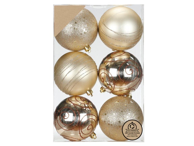 Set mit 6 Weihnachtskugeln aus Kunststoff mit verschiedenen Verzierungen und Glitzer in einer transparenten Verpackung