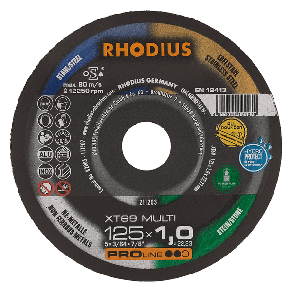 RHODIUS Trennscheibe XT69 MULTI, 25 Stück, 125 x 1,0 x 22,23 mm für Fliesen/Keramik, NE-Metalle, Stein, Stahl, Metall, Edelstahl, PROline