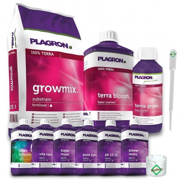 Plagron Growmix Substrat 25 Liter, Terra Bloom und Terra Grow Dünger, sechs Additive, Pipette und Messbecher.