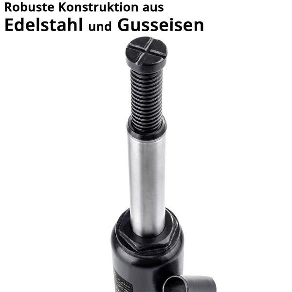 Hydraulischer Wagenheber mit robuster Konstruktion aus Edelstahl und Gusseisen.