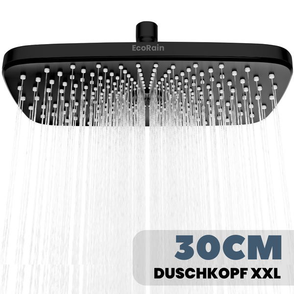 EcoRain 30% Wassersparender Regenduschkopf Melvin 30 CM mit Decken-Duscharm - Hoher Wasserdruck - Universeller Anschluss - Anti-Kalk Duschkopf - Schwarz