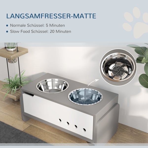 PawHut Hundenapf erhöht, 3 Stufig Höhenverstellbar Futternapf für Hunde mit Stauraum, Anti-Schling-Matte, Fressnapf mit 2 x 2L Edelstahl-Schüsseln, für mittelgroße bis extra große Hunde, Grau