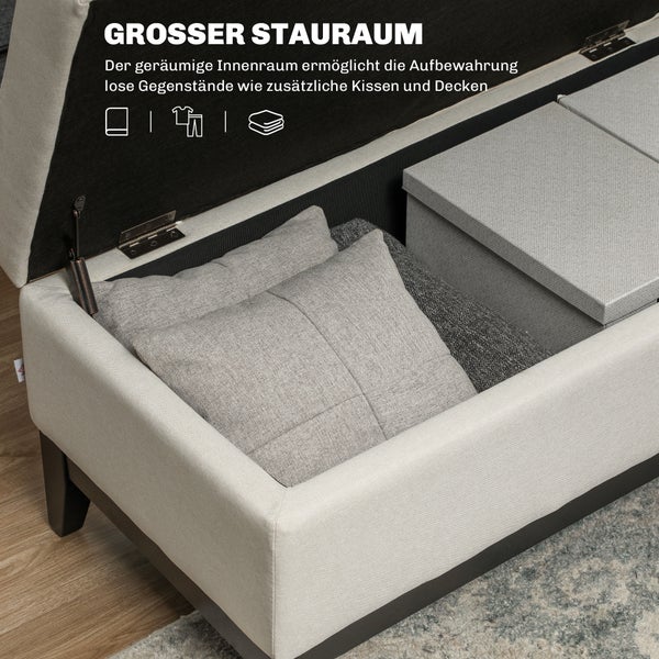 HOMCOM Sitzbank mit Stauraum, abnehmbarem Tablett Polsterbank mit Leinenoptik, Sitztruhe mit Holzbeine, Truhenbank für Wohnzimmer Schlafzimmer Flur 107 x 50 x 44 cm, Cremeweiß