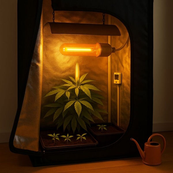 Growbox mit Pflanzen, Lampe und Gießkanne