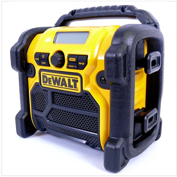 DeWalt Baustellenradio in Gelb und Schwarz mit Tragegriff, digitalem Display und DeWalt Logo.