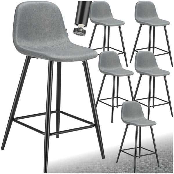 Sechs graue Barhocker mit schwarzen Metallbeinen