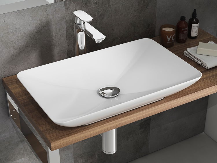Aqua Bagno Leon Aufsatzwaschbecken KB.LEON.001 – 60 x 37,7 cm – Weiß Hochglanz – Keramikbecken ohne Hahnloch & Überlauf