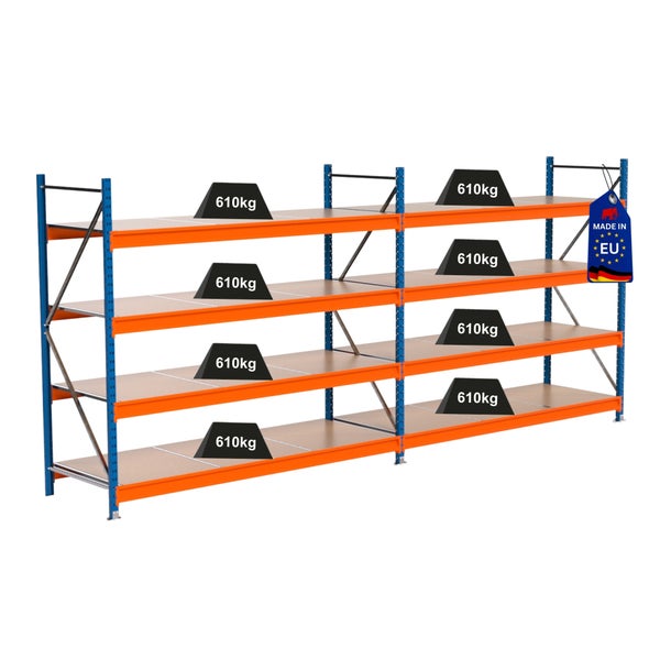 Lagerregal mit Traglastangabe 610 Kilogramm und Made in EU Siegel
