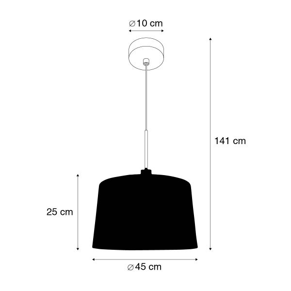 Maßzeichnung einer Pendelleuchte: Gesamthöhe 141 Zentimeter, Schirm 25 mal 45 Zentimeter, Baldachindurchmesser 10 Zentimeter.