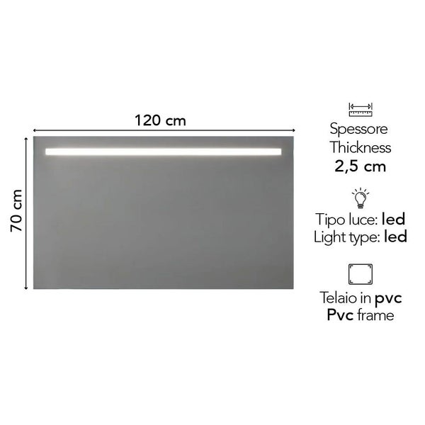 Rechteckiger Badspiegel mit LED-Beleuchtung, Maße 120 mal 70 Zentimeter, Tiefe 2,5 Zentimeter, Rahmen aus PVC.