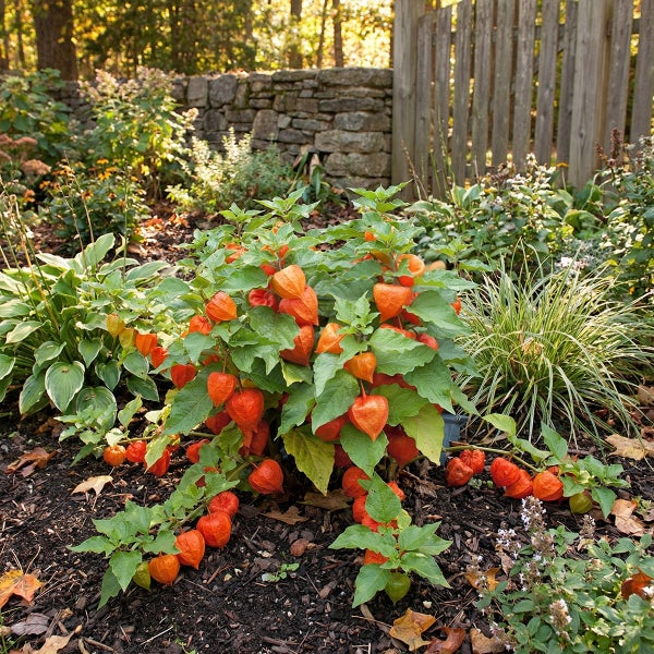 Lampionblume Physalis alkekengi mit orangefarbenen Lampions in einem Gartenbeet vor einer Steinmauer und einem Holzzaun.