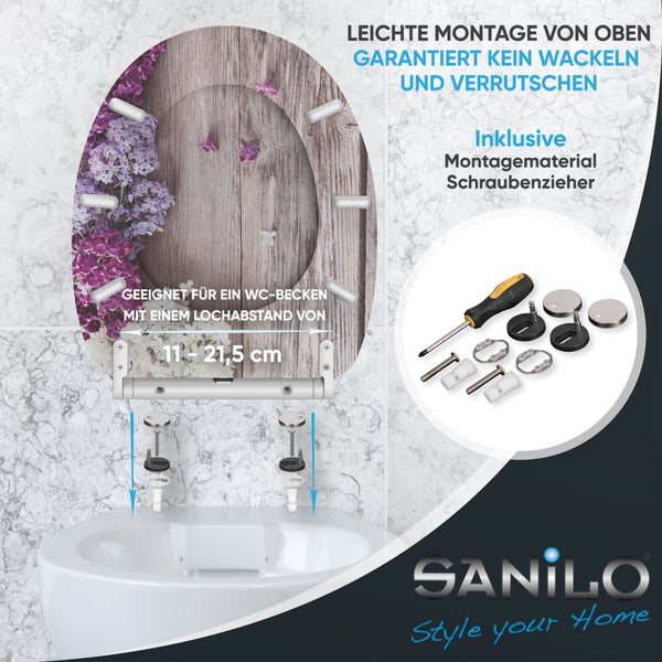 Sanilo WC Sitz mit Flieder Motiv und Montageanleitung für eine stabile Befestigung von oben, inklusive Schraubenzieher und Montagematerial.