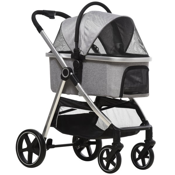 PawHut Hundewagen, 3 in 1 Hundebuggy, Autositz, Transporttasche, Katzenbuggy mit Kissen bis 15 kg, faltbarer Katzenwagen für kleine Hunde mit Bremsen, Netzfenster, Sicherheitsleinen, Hellgrau