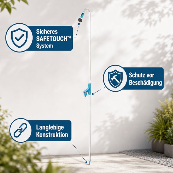 Gartendusche mit Safetouch System, Schutz vor Beschädigung und langlebiger Konstruktion als freistehende Gartendusche für den Außenbereich.