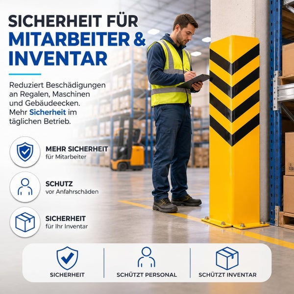 Eckschutz mit Warnmarkierung an einem Regalpfosten in einem Lager zur Erhöhung der Sicherheit und zum Schutz vor Anfahrschäden.