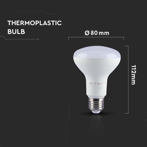 Weiße V-TAC LED-Lampe aus Thermoplast, Durchmesser 80 Millimeter, Höhe 112 Millimeter, V-TAC Logo.